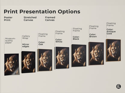 Print presentation options for the lion face wall art. Choose from poster print stretched canvas and framed canvas. Floating frame options include oak black brown white and antique gold. Perfect for adding untamed elegance to any room.