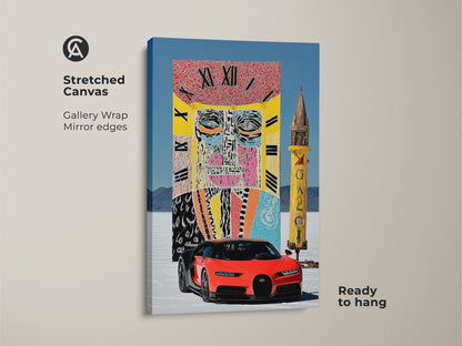 Stretched canvas art features a surreal face clock and red sports car. The gallery wrap with mirrored edges enhances the artwork. This piece is ready to hang for easy display. Ideal for adding an eclectic touch to any room. Its vibrant colors and unique art style make it a striking decor piece.