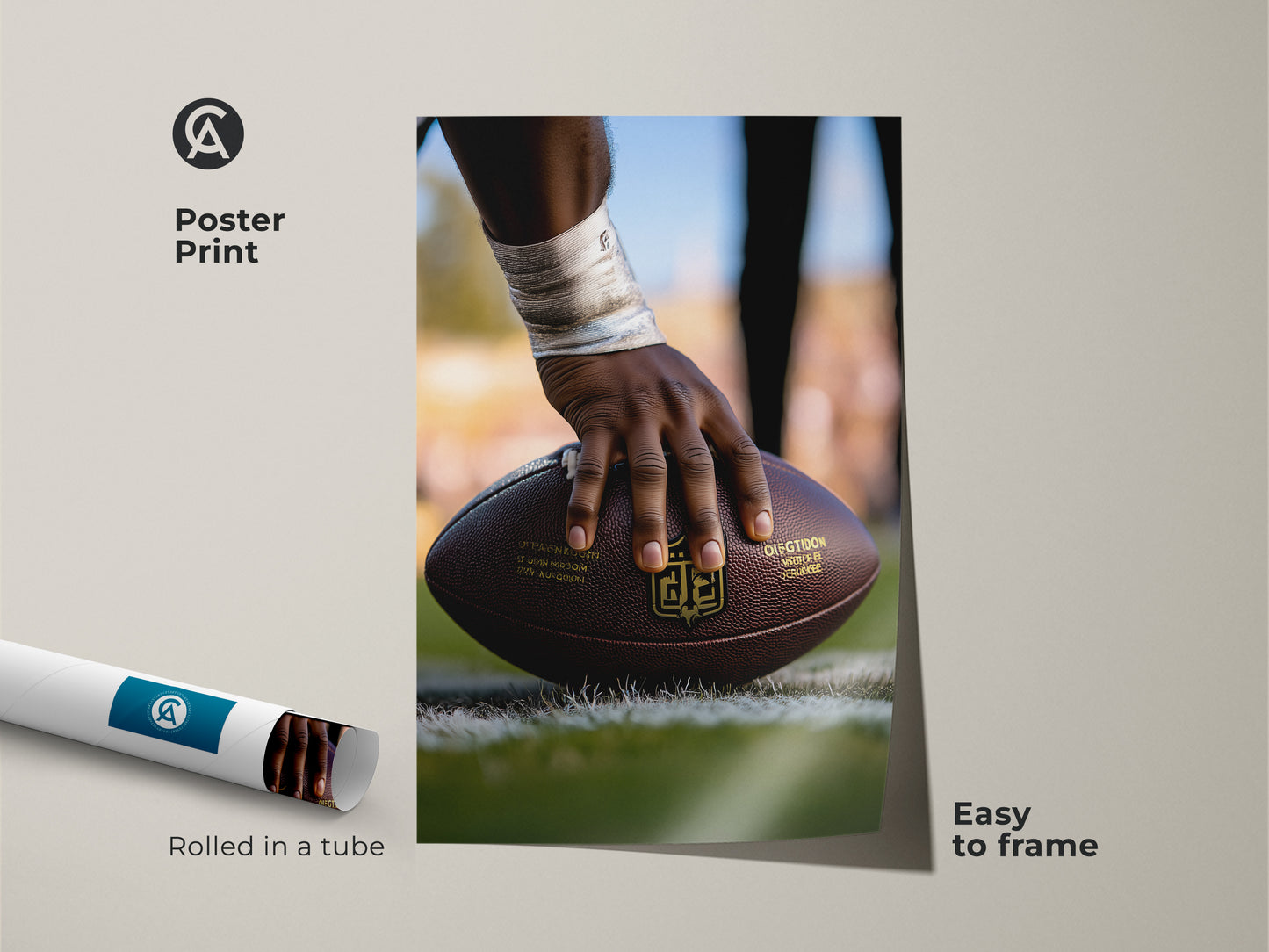 Poster Print of American Football Action Shot. This sports artwork is easy to frame. The print shows a player's hand gripping the football. It arrives rolled in a tube. An ideal gift for football enthusiasts. Decorate your space with this modern sports art.