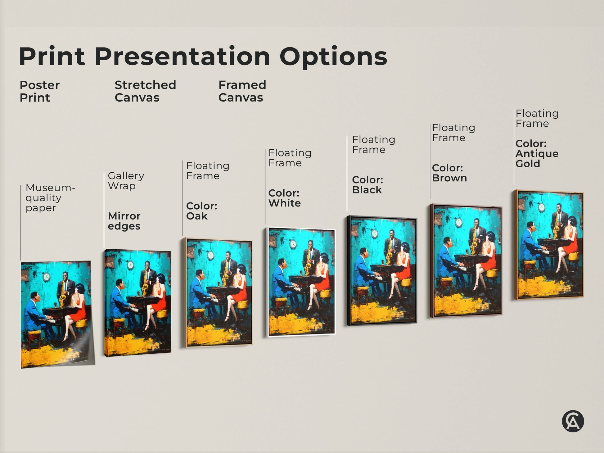 Explore print presentation options for this vibrant jazz club artwork. Choose from poster prints stretched canvas and framed canvas. Each format showcases the pianist saxophonist and singer in stunning detail. Find the perfect medium for your space today!