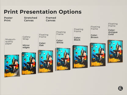Explore print presentation options for this vibrant jazz club artwork. Choose from poster prints stretched canvas and framed canvas. Each format showcases the pianist saxophonist and singer in stunning detail. Find the perfect medium for your space today!