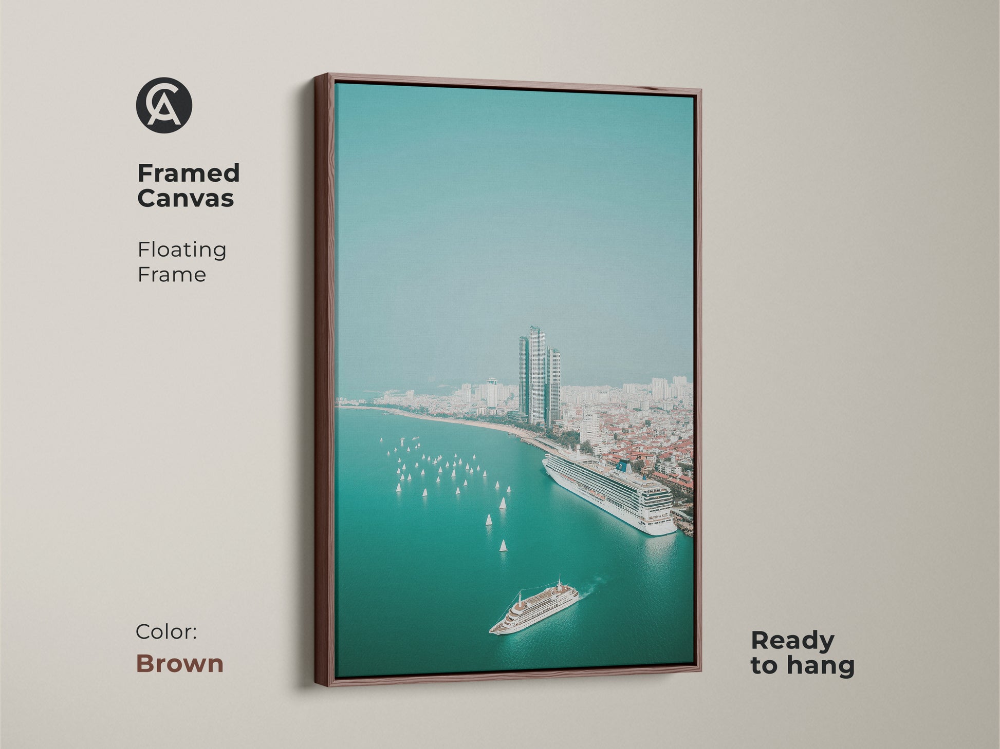 Framed canvas with a brown floating frame shows a teal ocean cityscape. It includes an aerial view of a cruise ship sailboats and city buildings. This contemporary travel artwork is perfect as a housewarming gift art.