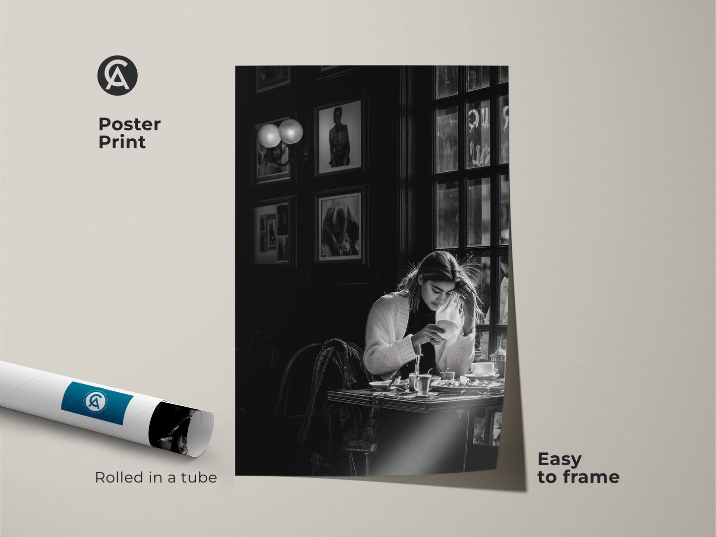 Poster print of a monochrome cafe scene. This contemporary black and white photojournalism style artwork features a woman with coffee. Easy to frame and perfect for minimalist cafe decor. A sophisticated lifestyle print ideal for coffee lovers and housewarming occasions.