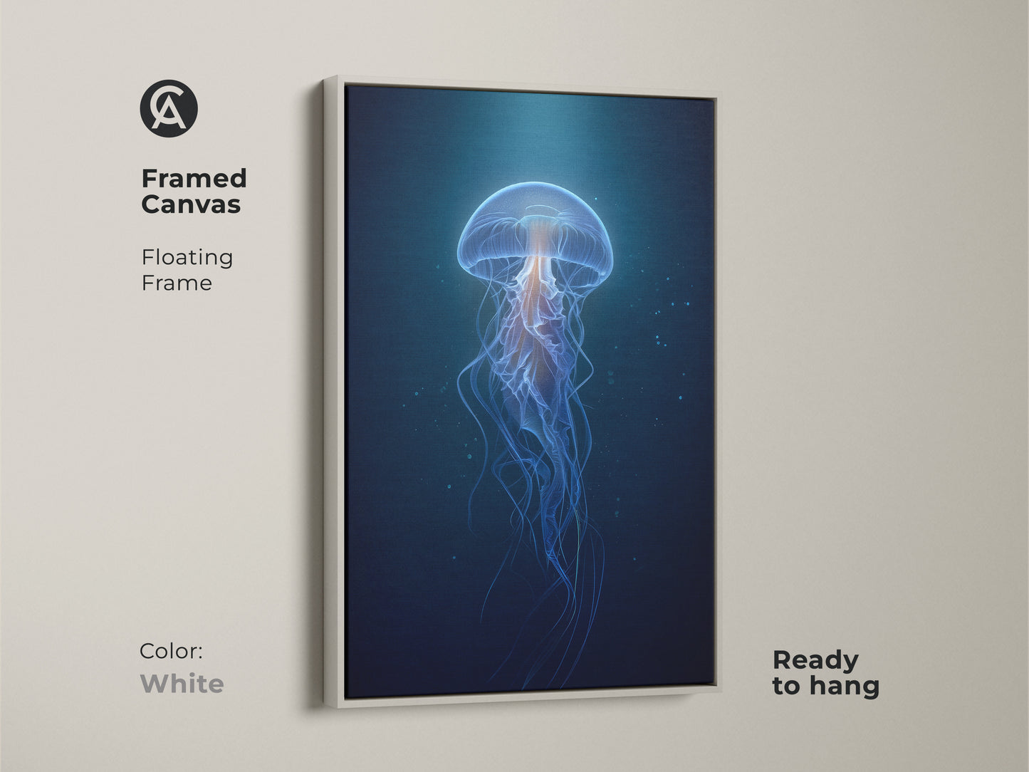 Framed Canvas presenting ethereal jellyfish artwork with a floating white frame. The contemporary abstract print features deep blue and cyan hues. Perfect for adding a modern touch to any room. This marine life wall decor is ready to hang.