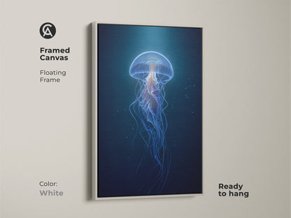 Framed Canvas presenting ethereal jellyfish artwork with a floating white frame. The contemporary abstract print features deep blue and cyan hues. Perfect for adding a modern touch to any room. This marine life wall decor is ready to hang.