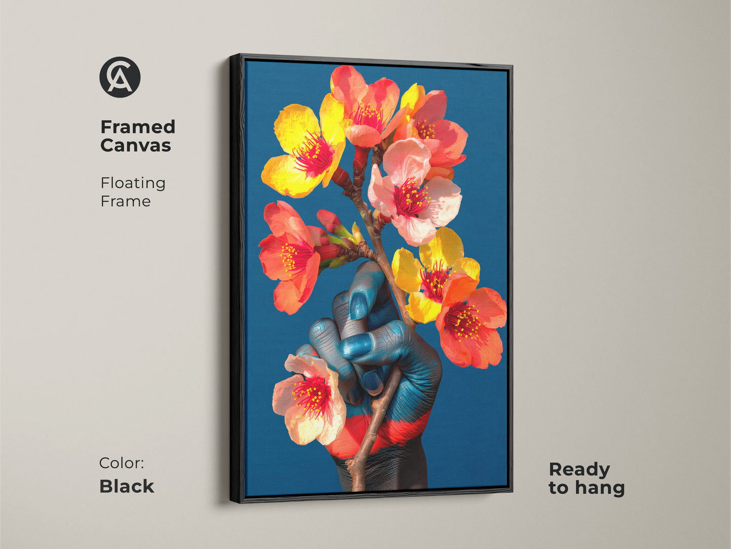 Framed canvas print of a surreal blue hand holding flowers creating an eclectic look. The floating frame is black offering a ready to hang artistic bedroom wall decor. This is a unique housewarming gift idea.