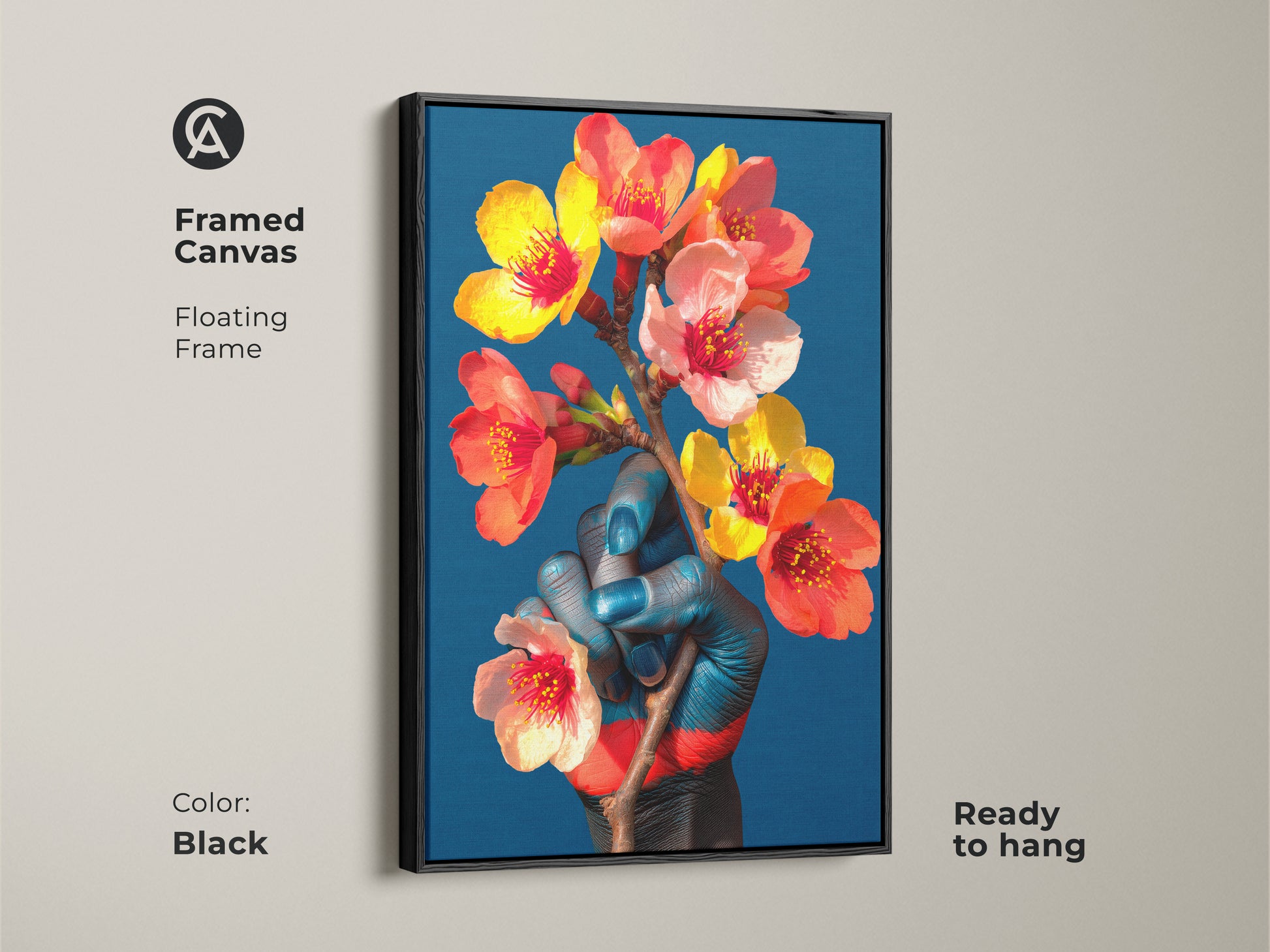 Framed canvas print of a surreal blue hand holding flowers creating an eclectic look. The floating frame is black offering a ready to hang artistic bedroom wall decor. This is a unique housewarming gift idea.
