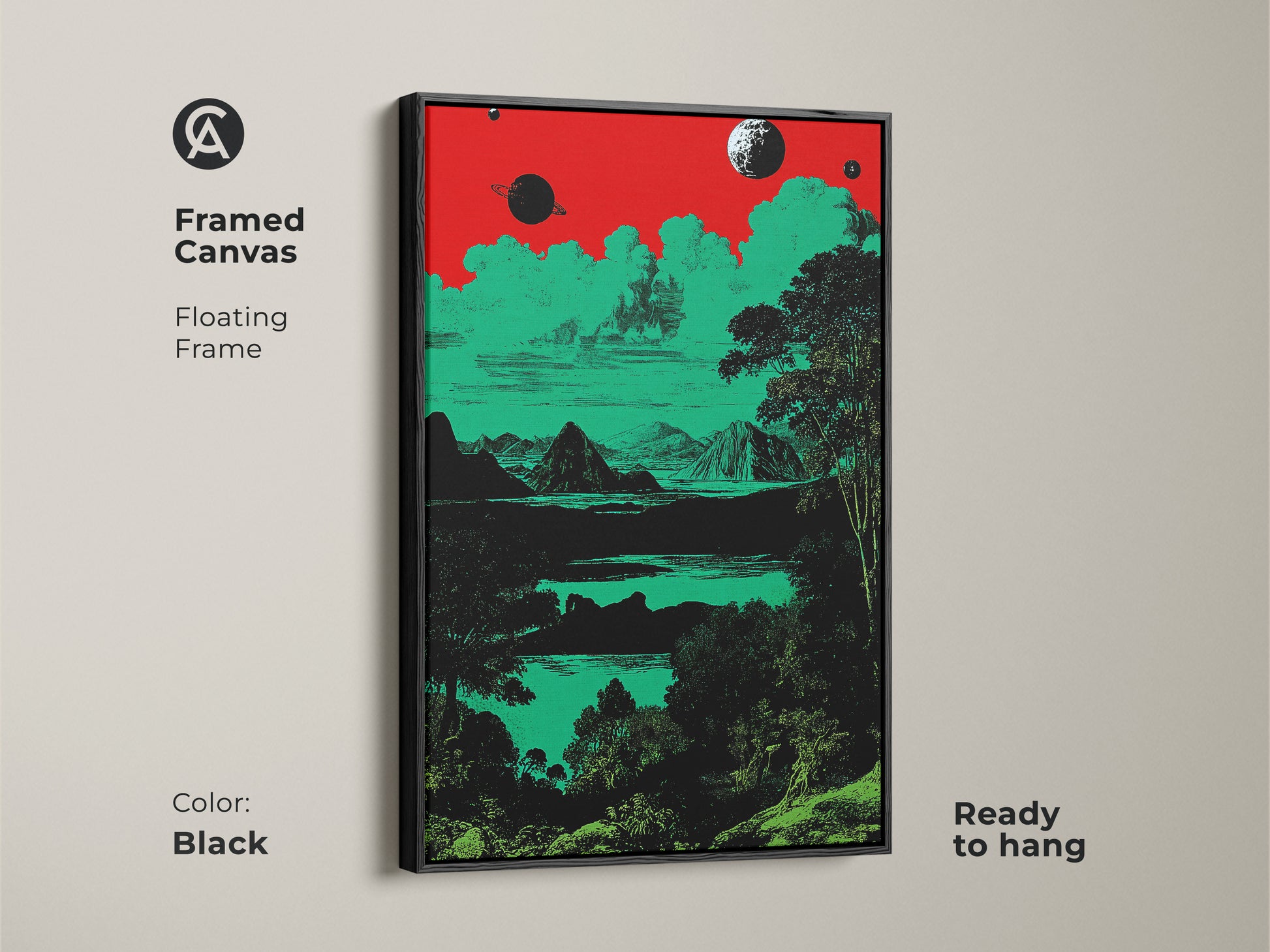 A framed canvas features a surreal space landscape in a floating black frame. The retro planets and mountains art uses red green and black. This eclectic decor adds style to any room. It is ready to hang. This is ideal for sci-fi lovers.