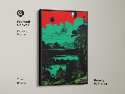 A framed canvas features a surreal space landscape in a floating black frame. The retro planets and mountains art uses red green and black. This eclectic decor adds style to any room. It is ready to hang. This is ideal for sci-fi lovers.
