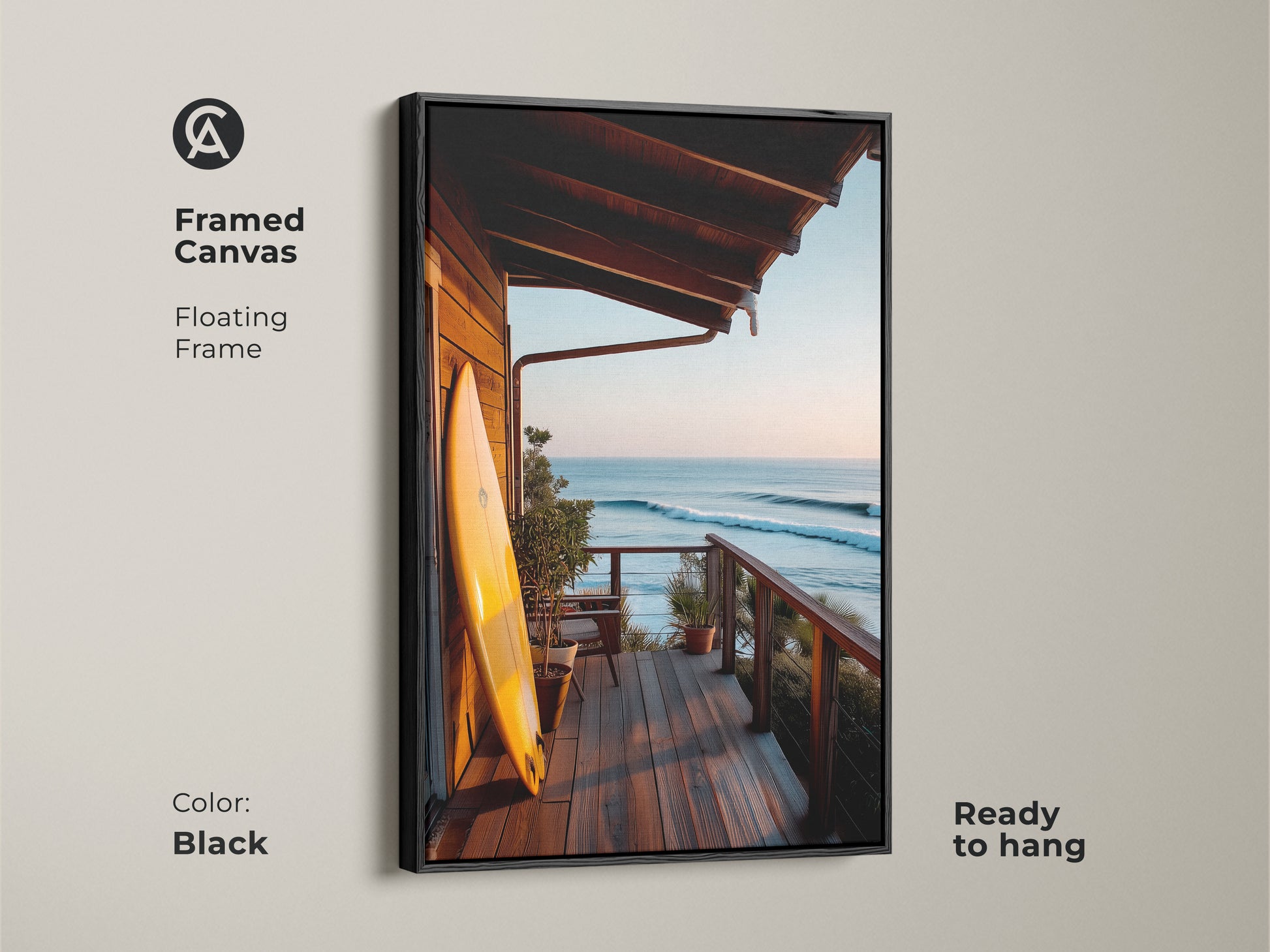Framed canvas art featuring a surfboard on a porch with an ocean view. This floating frame in black enhances the coastal artwork. The ready-to-hang surf art brings a beach vibe to any space. Perfect for ocean-themed home decor. Enjoy this framed art print.