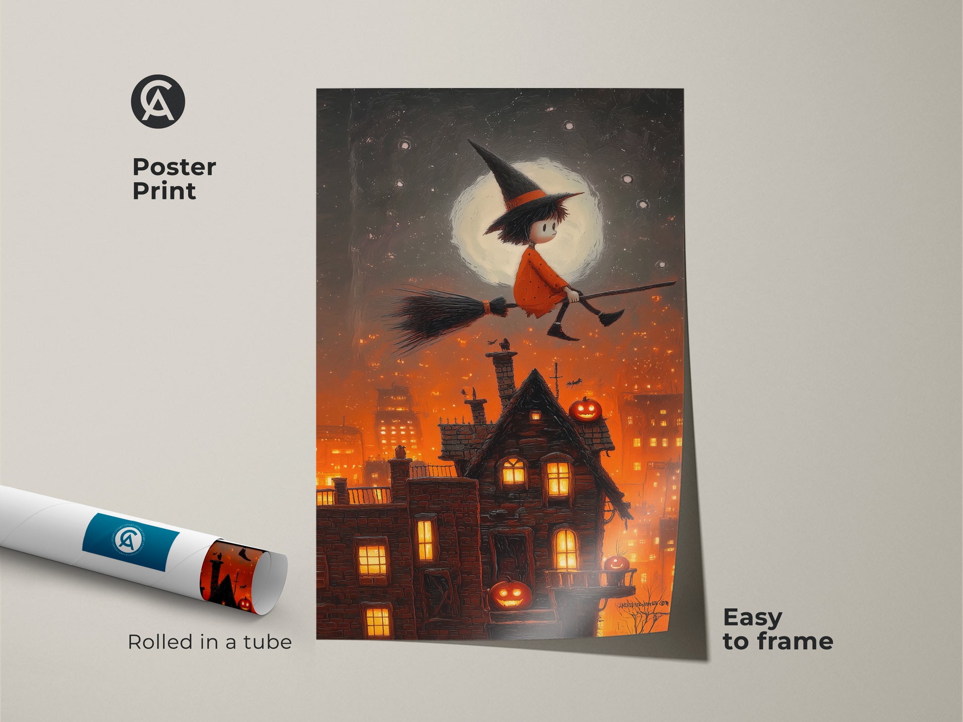 A poster print of a Halloween witch flying over a spooky cityscape. This orange and black childrens halloween poster comes rolled in a tube. The fantasy witch art print is easy to frame and perfect for kids room spooky art.