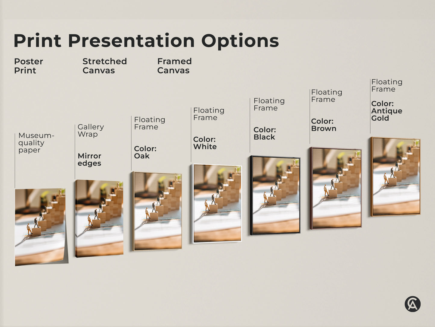Print presentation options for conceptual business artwork. Options include a poster print stretched canvas and framed canvas in black brown oak and antique gold. The art features miniature figures climbing wooden blocks. This is motivational decor.