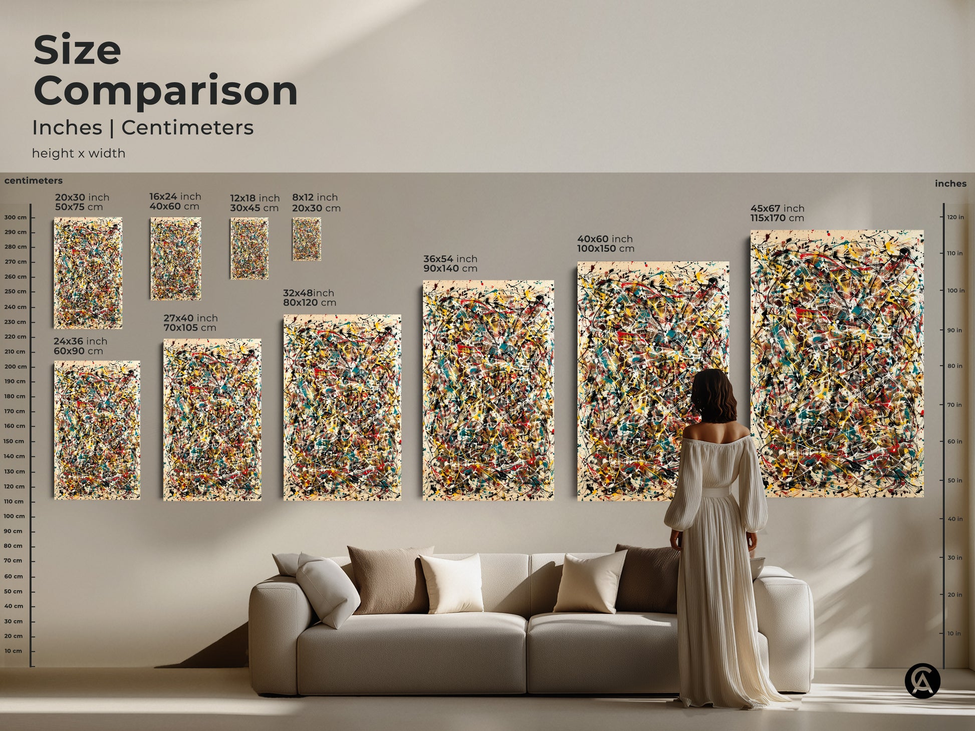 A size comparison of abstract expressionism art prints. See how canvas and poster sizes look above a couch. Choose the perfect dimensions to create a stunning focal point in your living room with this artwork.