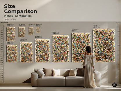 A size comparison of abstract expressionism art prints. See how canvas and poster sizes look above a couch. Choose the perfect dimensions to create a stunning focal point in your living room with this artwork.