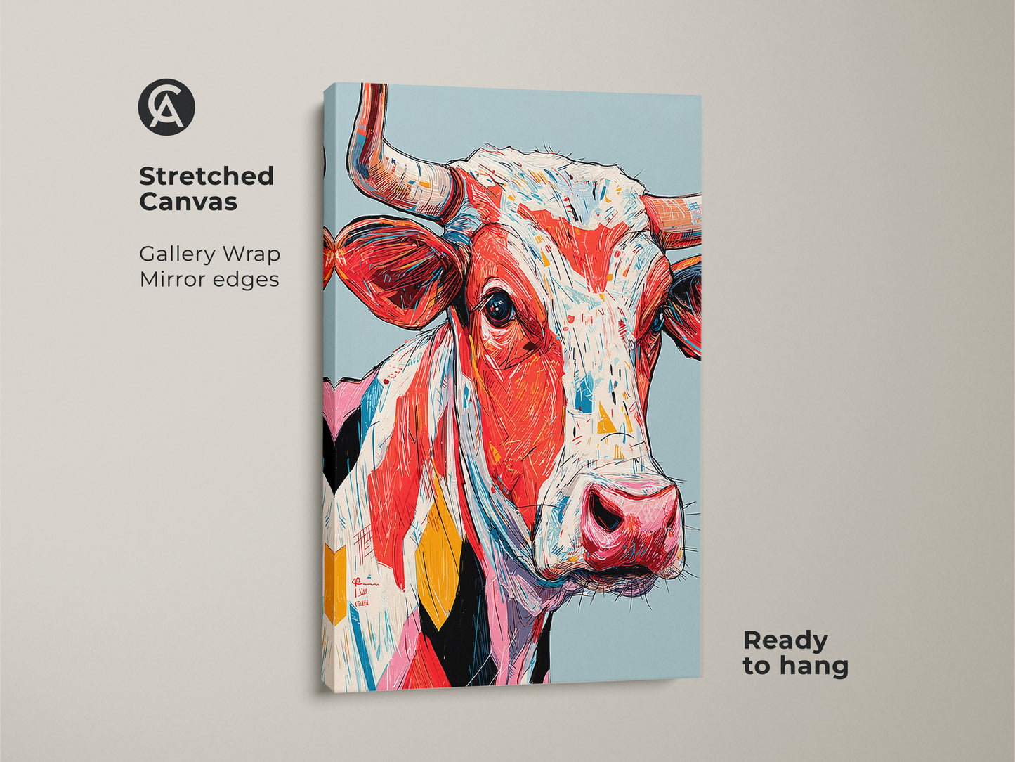Stretched canvas print featuring a colorful cow artwork. The gallery wrap and mirror edges give it a seamless look. Ready to hang this art adds personality to any space. Perfect for art collectors.