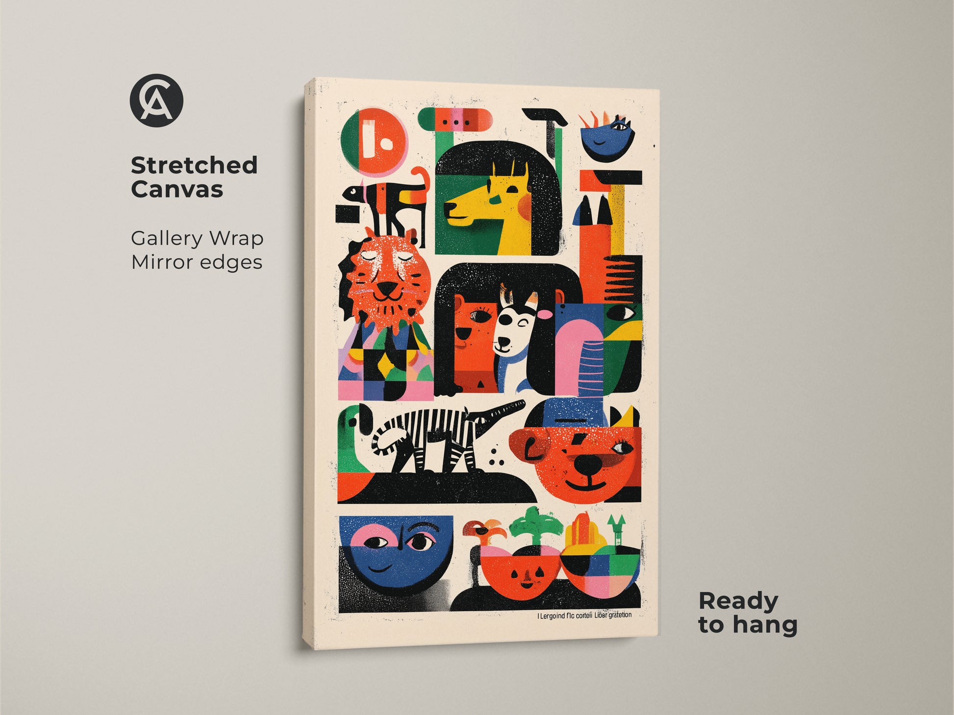 Stretched canvas folk art animal print ready to hang. Gallery wrapped mid-century modern wall art with mirror edges. Abstract tiger zebra artwork for kids room decor in orange yellow green.