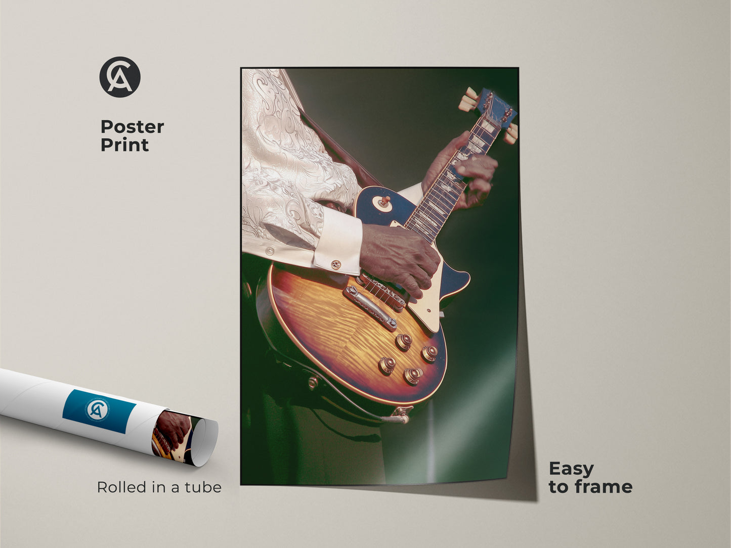Poster print of a retro guitarist in amber and dark green tones. This vintage music canvas comes rolled in a tube. Easy to frame and perfect as office music wall art. The eclectic home decor suits any music lover.