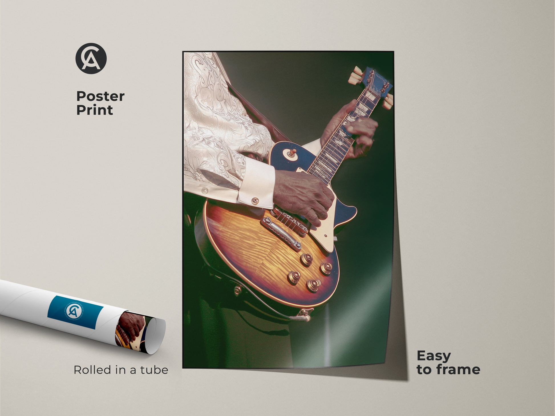 Poster print of a retro guitarist in amber and dark green tones. This vintage music canvas comes rolled in a tube. Easy to frame and perfect as office music wall art. The eclectic home decor suits any music lover.
