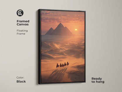 Framed canvas print of Egyptian Pyramids & Camel Caravan with a floating black frame. Ready to hang for easy display. The artwork showcases a golden hour landscape. It is a great travel history wall decor piece. The black frame adds a modern touch to this eclectic artwork.
