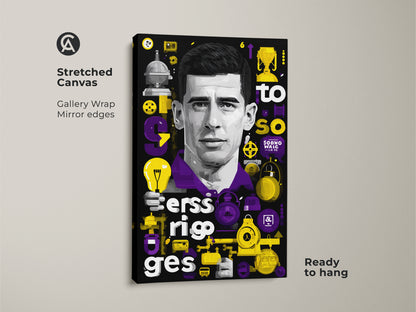 Modern office wall art on stretched canvas. The canvas features gallery wrap with mirror edges. It is purple and yellow man portrait. Ready to hang. Typography makes it a unique art decor. Contemporary art.