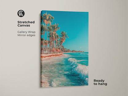 Stretched canvas print of a tropical beach. Gallery wrapped with mirrored edges. Ocean wave crashing on the sandy shore. Palm trees sway in the breeze. Ready to hang and enjoy.