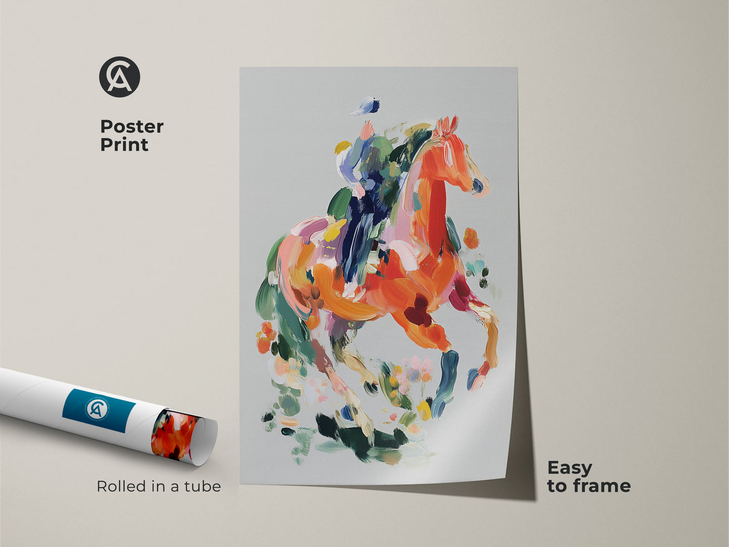 Poster Print featuring an abstract horse. This museum-quality equestrian art is easy to frame. The colorful orange and coral canvas print adds a modern touch to your decor. Perfect for those who appreciate bold brushstrokes and eclectic art. A unique gift idea for horse riders and animal enthusiasts.