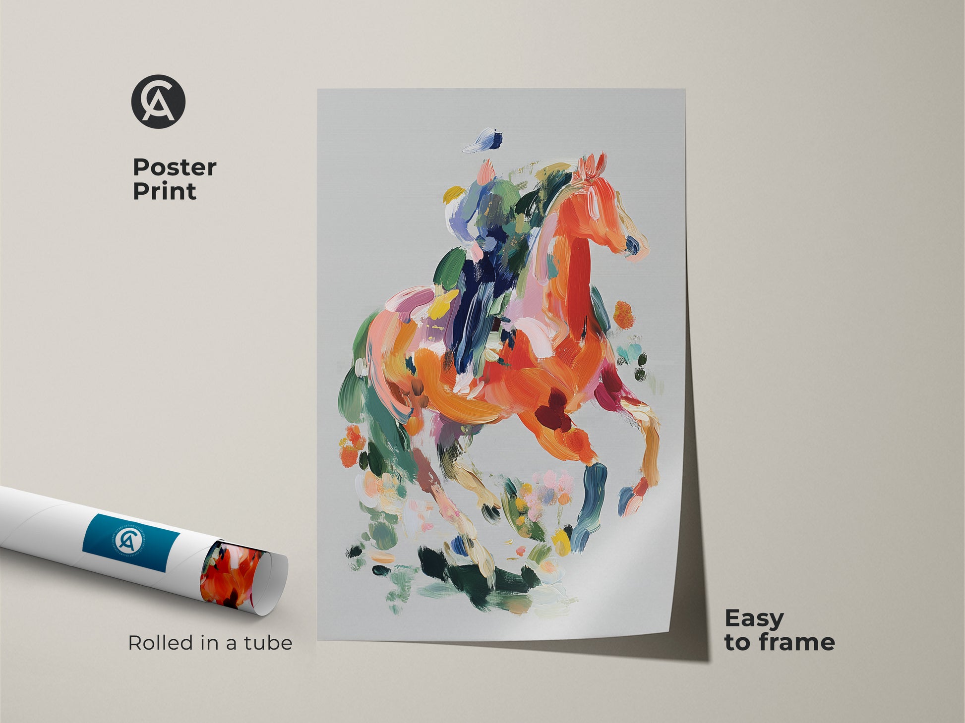 Poster Print featuring an abstract horse. This museum-quality equestrian art is easy to frame. The colorful orange and coral canvas print adds a modern touch to your decor. Perfect for those who appreciate bold brushstrokes and eclectic art. A unique gift idea for horse riders and animal enthusiasts.