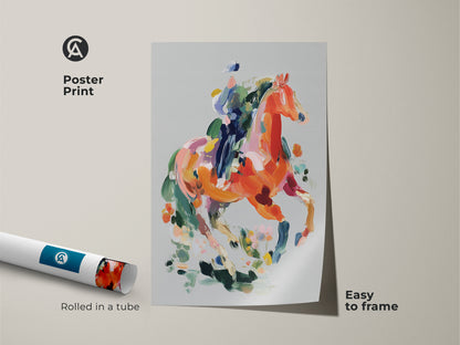 Poster Print featuring an abstract horse. This museum-quality equestrian art is easy to frame. The colorful orange and coral canvas print adds a modern touch to your decor. Perfect for those who appreciate bold brushstrokes and eclectic art. A unique gift idea for horse riders and animal enthusiasts.