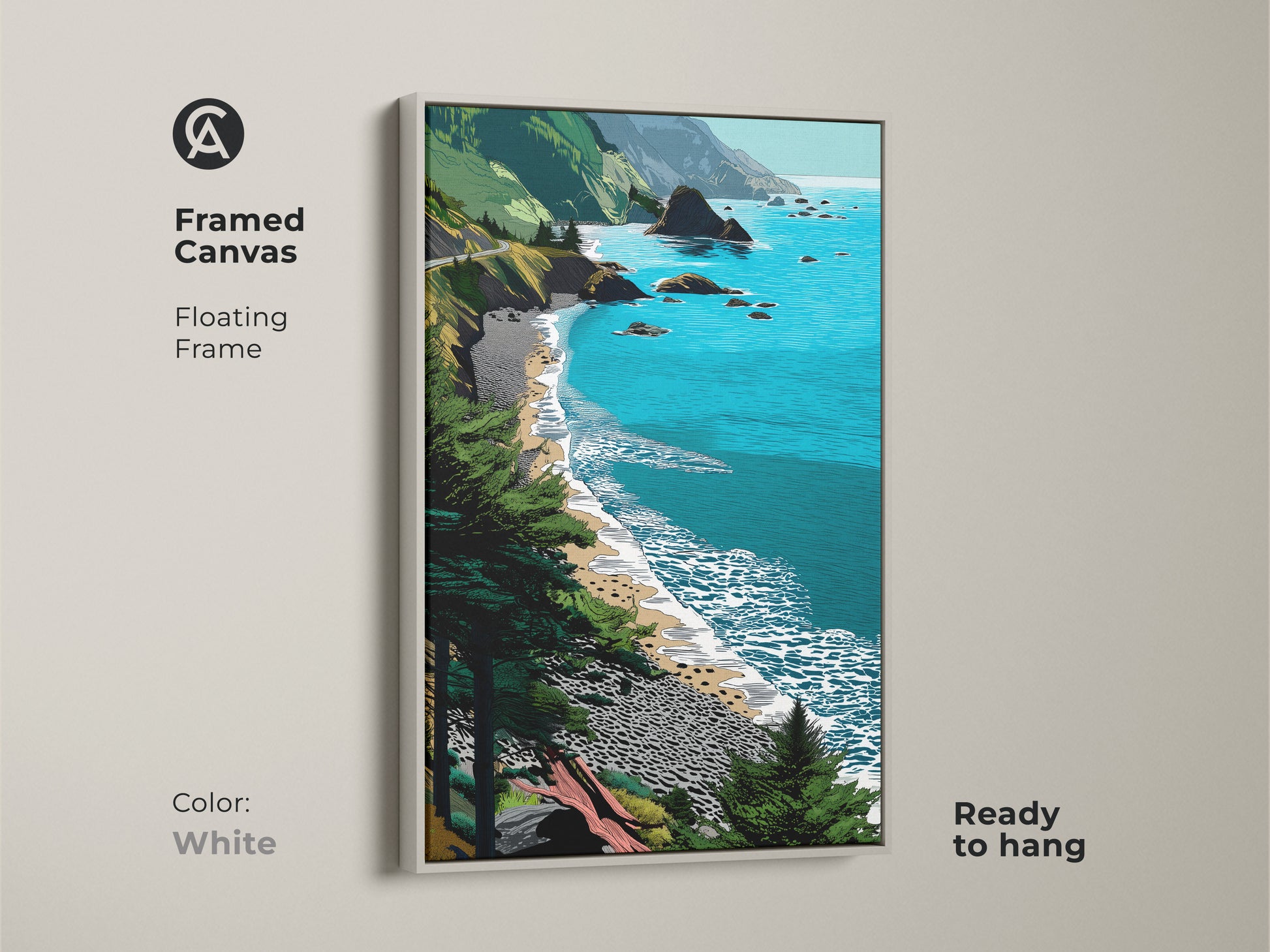 Framed canvas print featuring a teal blue beach landscape. The white floating frame enhances the coastal ocean wall art. This artwork showcases green seaside nature scenery. Ready to hang it brings a touch of coastal living to your decor.