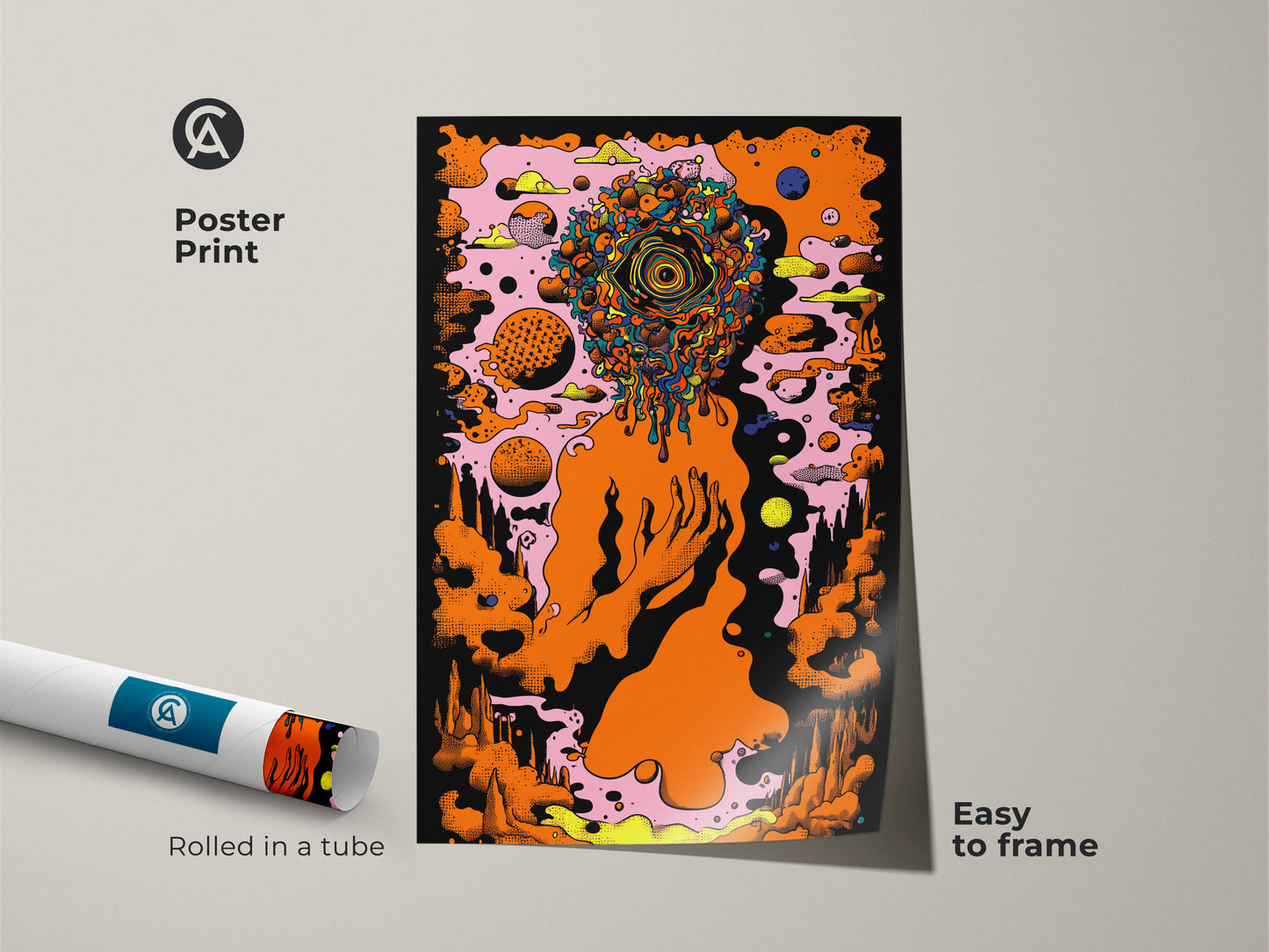 Poster print of abstract head art with an orange eye. This psychedelic art is rolled in a tube for easy framing. The surrealism wall art is a unique gift for art collectors. A vibrant addition to any creative space with bold colors and striking visuals.
