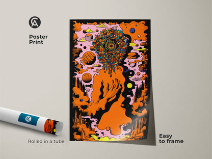 Poster print of abstract head art with an orange eye. This psychedelic art is rolled in a tube for easy framing. The surrealism wall art is a unique gift for art collectors. A vibrant addition to any creative space with bold colors and striking visuals.