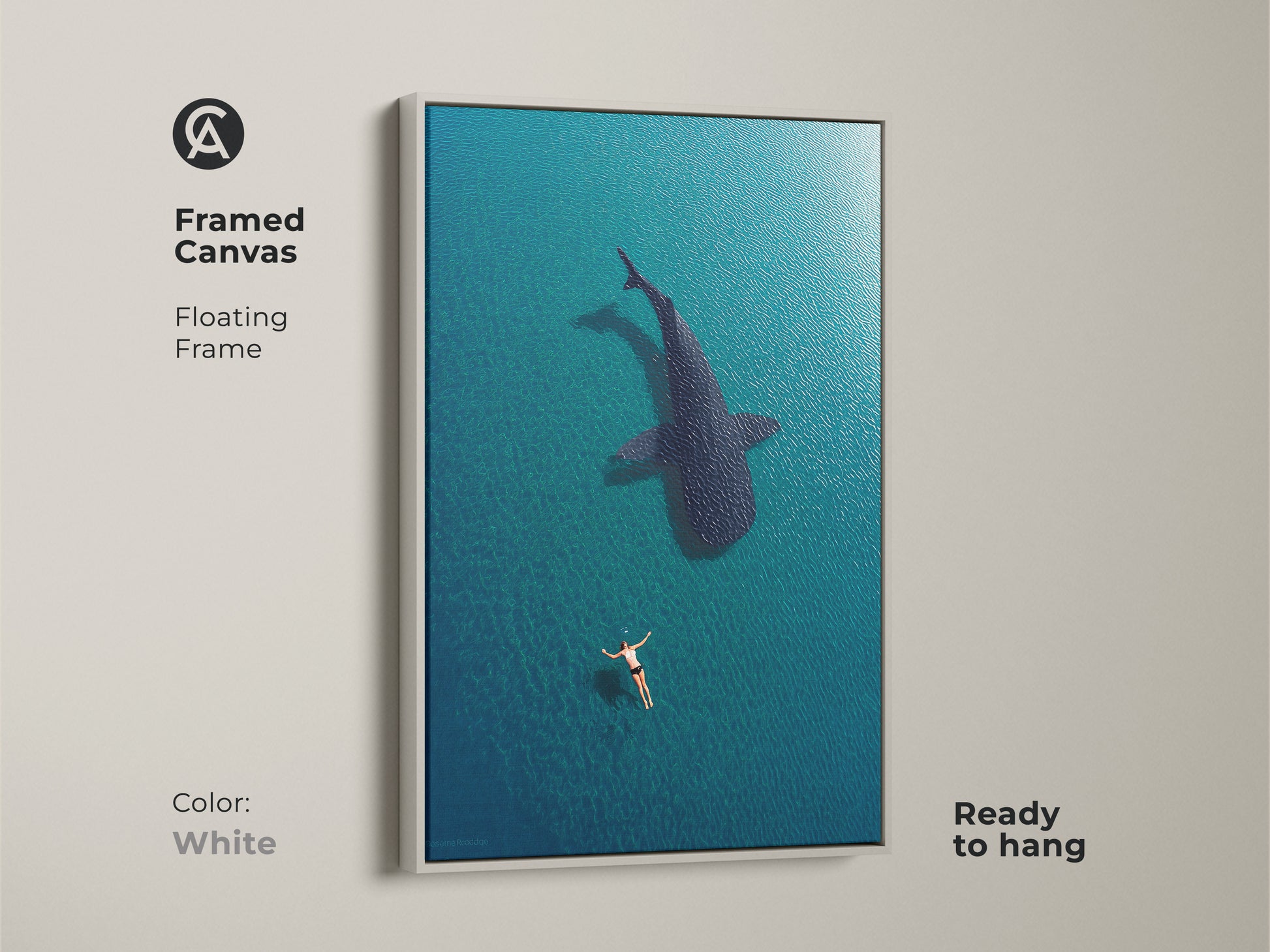 White framed canvas featuring aerial ocean art of a swimmer and whale shark. This ready-to-hang coastal artwork brings a fresh touch to your home. The deep blue turquoise tones create a calming underwater scene perfect for any modern decor.