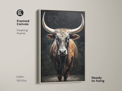 This framed canvas shows a rustic Texas Longhorn. A white floating frame highlights the bull artwork. Ready to hang this animal wall art adds farmhouse charm. It's brown tan farmhouse wall decor. Perfect for office wall decor. This bull canvas art is a stunning study art print.