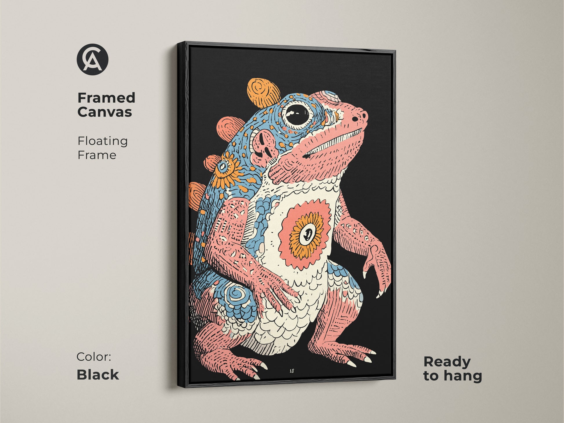 A framed canvas art print of a dinosaur frog hybrid. The psychedelic artwork features a floating black frame. Ready to hang this retro creature adds an eclectic touch. The fantasy amphibian is designed for vibrant wall art. It will enhance any space with its unique charm.