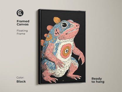 A framed canvas art print of a dinosaur frog hybrid. The psychedelic artwork features a floating black frame. Ready to hang this retro creature adds an eclectic touch. The fantasy amphibian is designed for vibrant wall art. It will enhance any space with its unique charm.