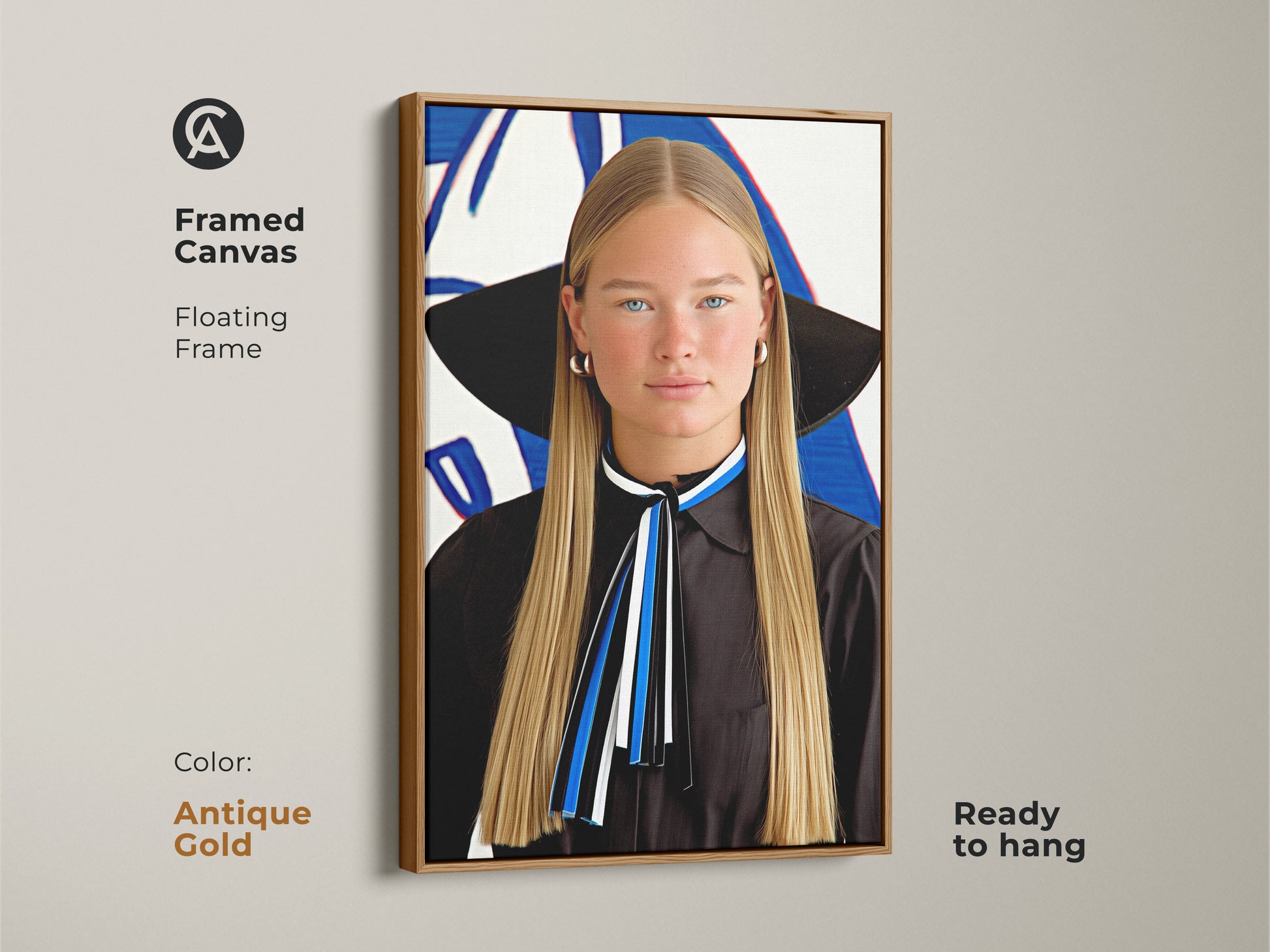 Antique Gold framed canvas featuring an abstract woman. This portrait boasts blue white black colors. Contemporary pop art enhances upscale home decor. The stylish portrait art adds a chic touch. This framed canvas is ready to hang as bedroom or living room art.