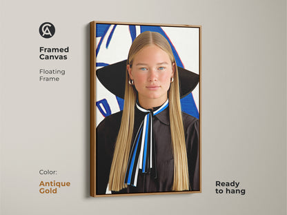 Antique Gold framed canvas featuring an abstract woman. This portrait boasts blue white black colors. Contemporary pop art enhances upscale home decor. The stylish portrait art adds a chic touch. This framed canvas is ready to hang as bedroom or living room art.