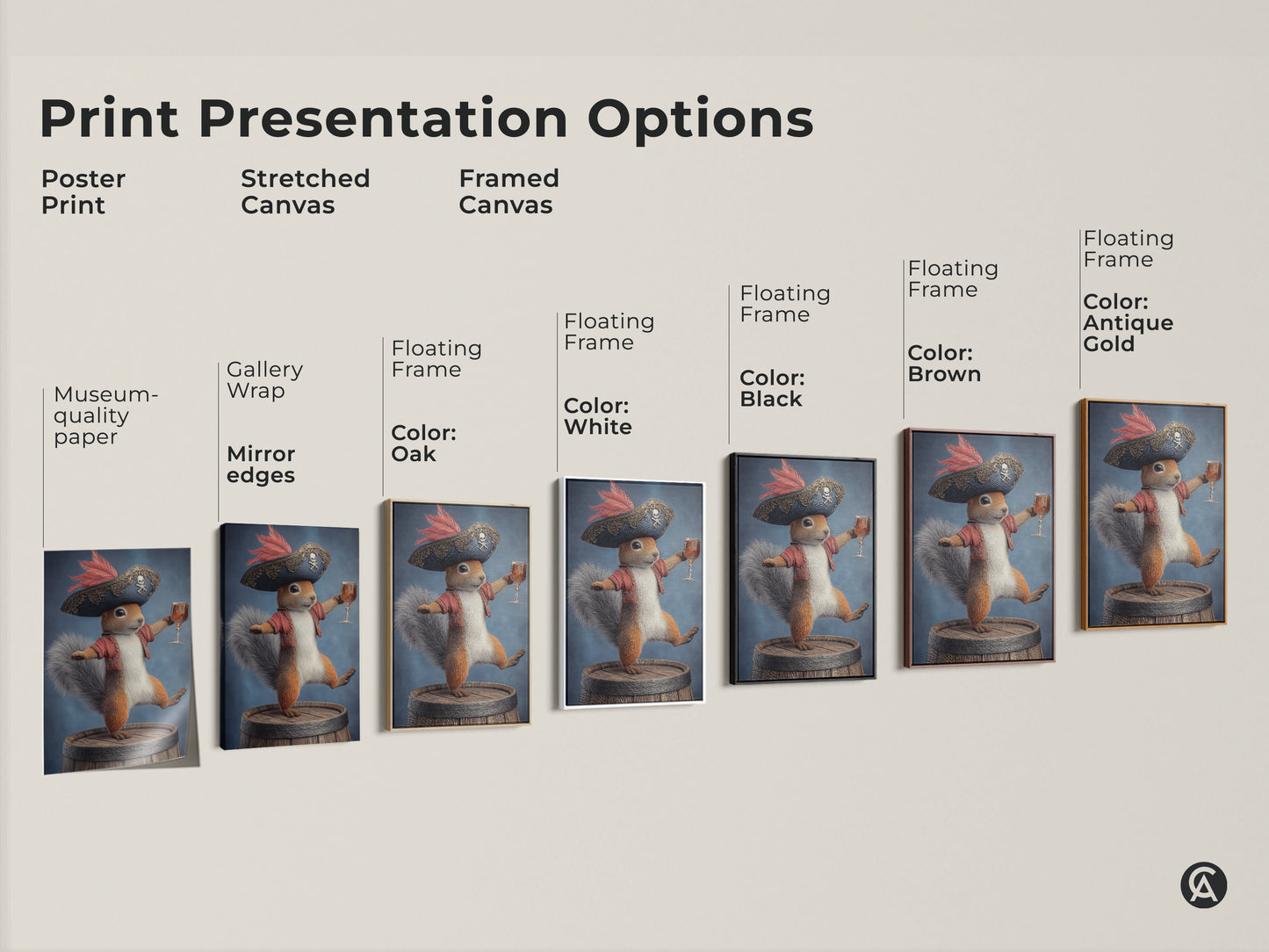 Explore print presentation options for pirate squirrel artwork. Choose from poster print stretched canvas or framed canvas. Each option showcases this fantasy animal art. Find the perfect style to match your eclectic home decor. Museum-quality paper and mirror edges available.