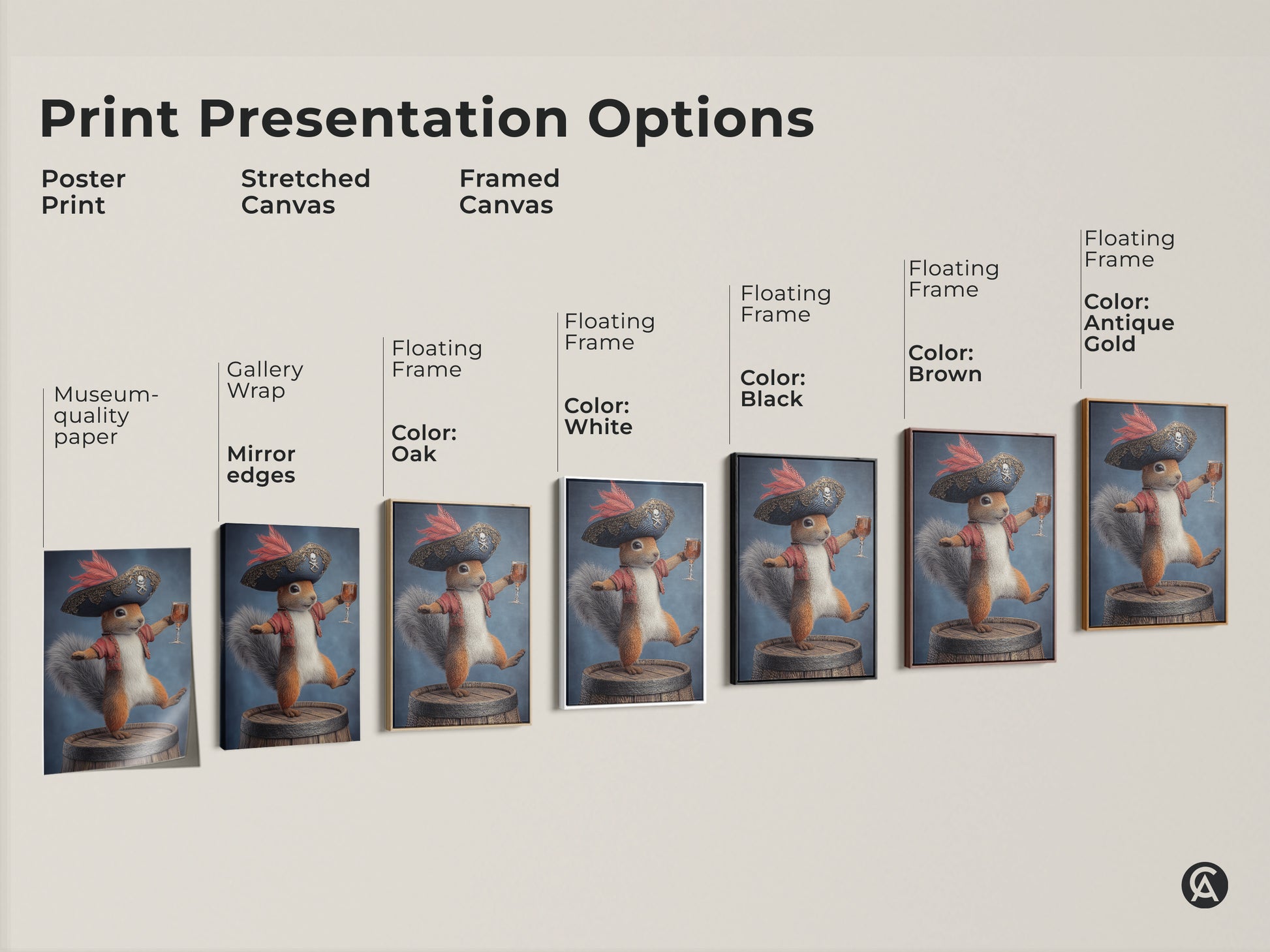 Explore print presentation options for pirate squirrel artwork. Choose from poster print stretched canvas or framed canvas. Each option showcases this fantasy animal art. Find the perfect style to match your eclectic home decor. Museum-quality paper and mirror edges available.