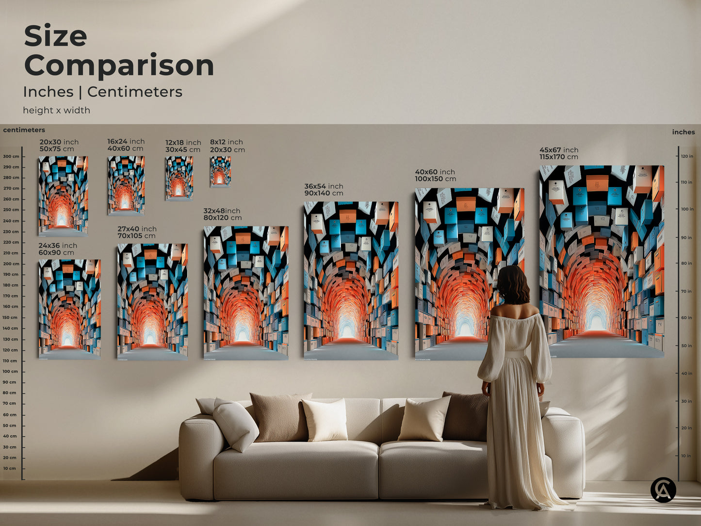 Size comparison of the abstract tunnel art inches and centimeters. This conceptual artwork's dimensions range from small to large. Visualize how the canvas or poster print fits above a sofa. The orange teal and blue boxes art comes in various sizes to suit different spaces.
