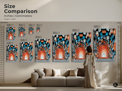 Size comparison of the abstract tunnel art inches and centimeters. This conceptual artwork's dimensions range from small to large. Visualize how the canvas or poster print fits above a sofa. The orange teal and blue boxes art comes in various sizes to suit different spaces.