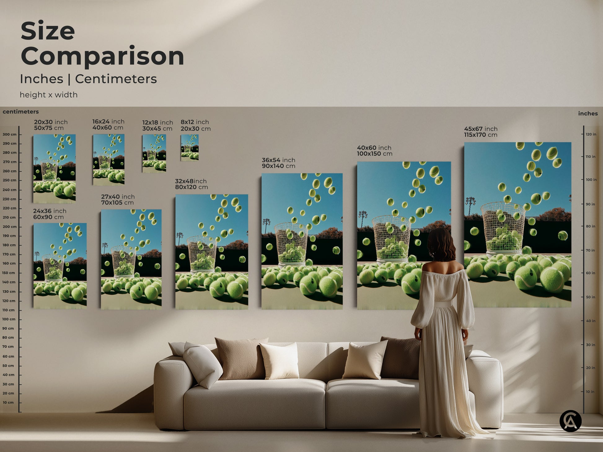 Size comparison of tennis ball art. See how the artwork looks in different dimensions. Perfect for visualizing in your home. Choose the ideal size to enhance your living space. The vibrant colors and dynamic composition will captivate.
