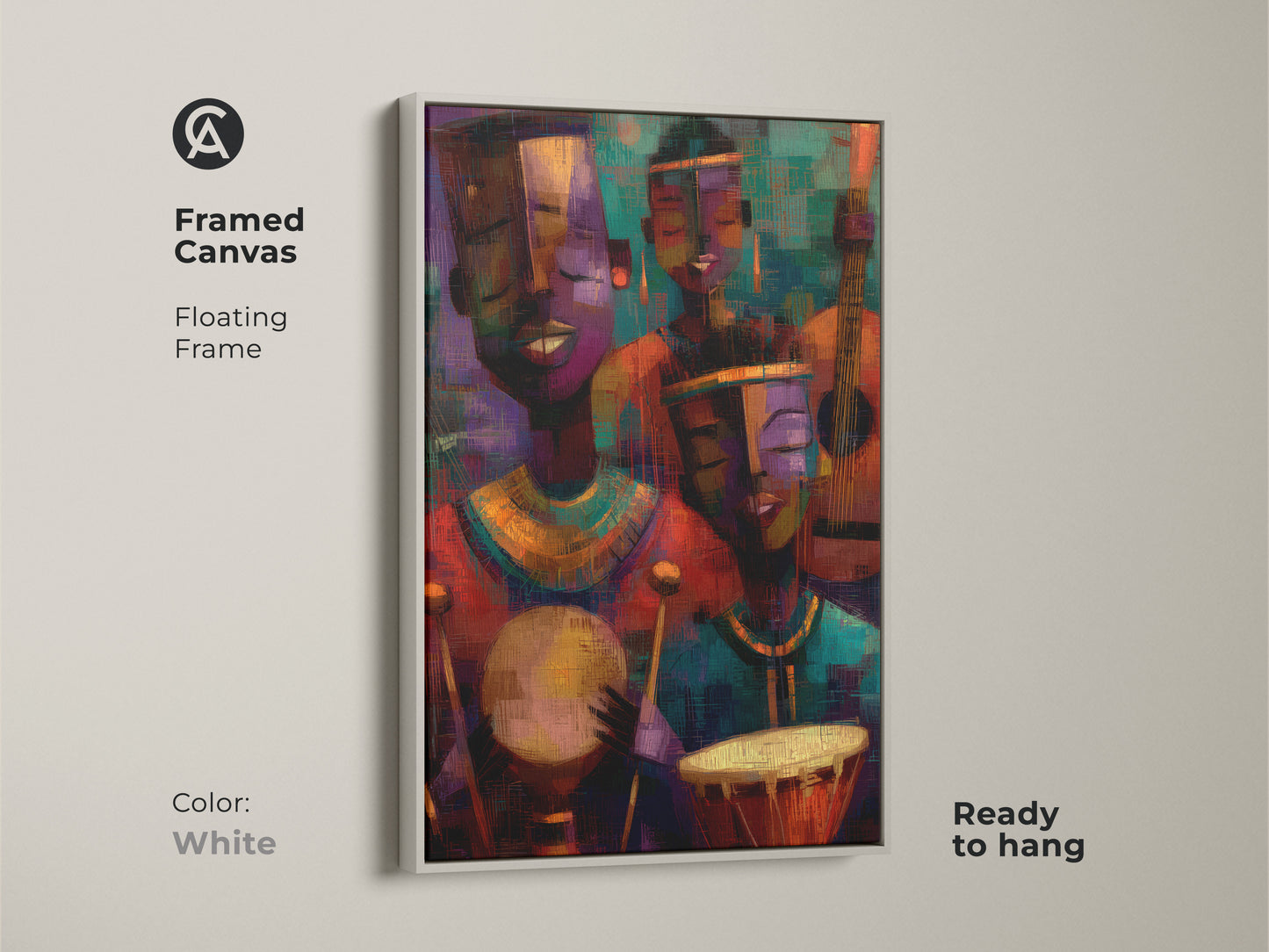 Framed canvas with a white floating frame. Abstract expressionism wall decor featuring tribal musicians in deep purple orange and teal. Ready to hang this canvas print enhances eclectic home decor. Perfect as a music lover housewarming gift or as colorful ethnic art. This canvas adds an artistic touch to any space.