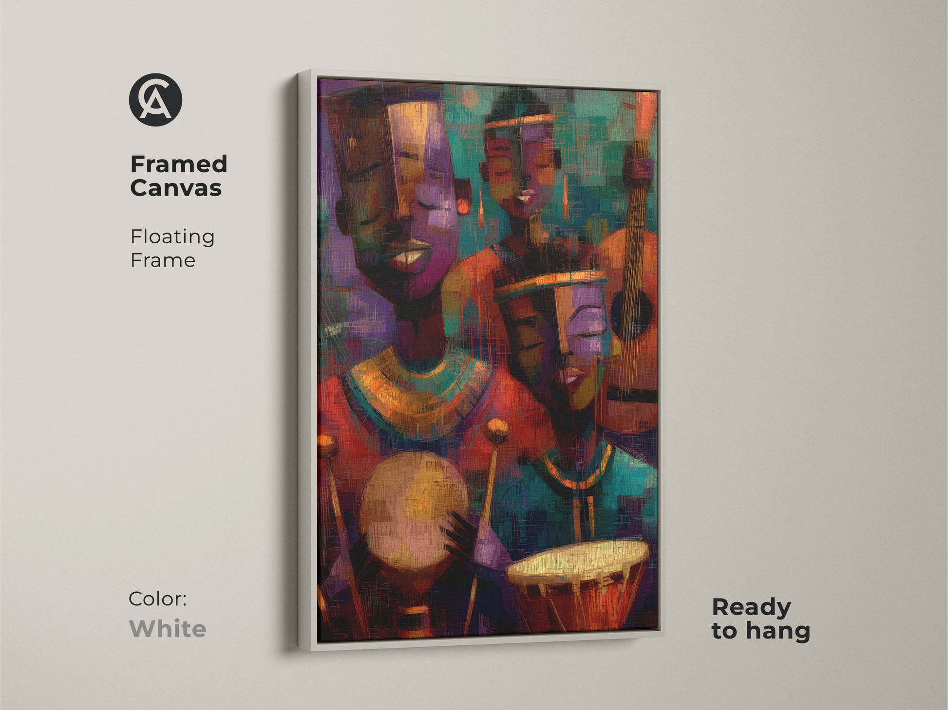 Framed canvas with a white floating frame. Abstract expressionism wall decor featuring tribal musicians in deep purple orange and teal. Ready to hang this canvas print enhances eclectic home decor. Perfect as a music lover housewarming gift or as colorful ethnic art. This canvas adds an artistic touch to any space.
