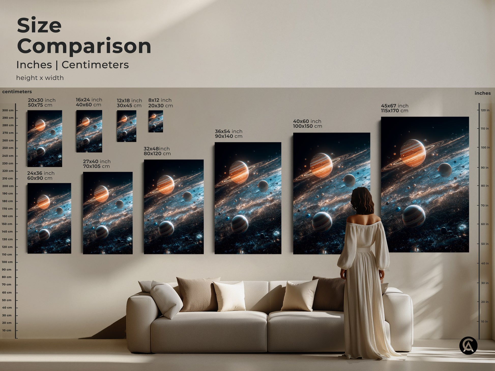 Size comparison of space art with planets and cosmic dust. See how different sizes look in a living room setting. Explore canvas and poster prints to find the perfect fit. Transform your space with cosmic artwork today.