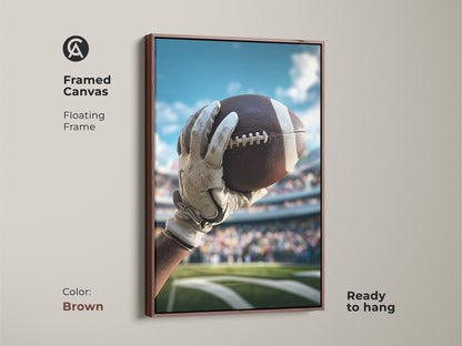Brown framed canvas with realistic football art. The floating frame provides a sophisticated look for this sports-themed wall decor. Perfect for a masculine man cave.