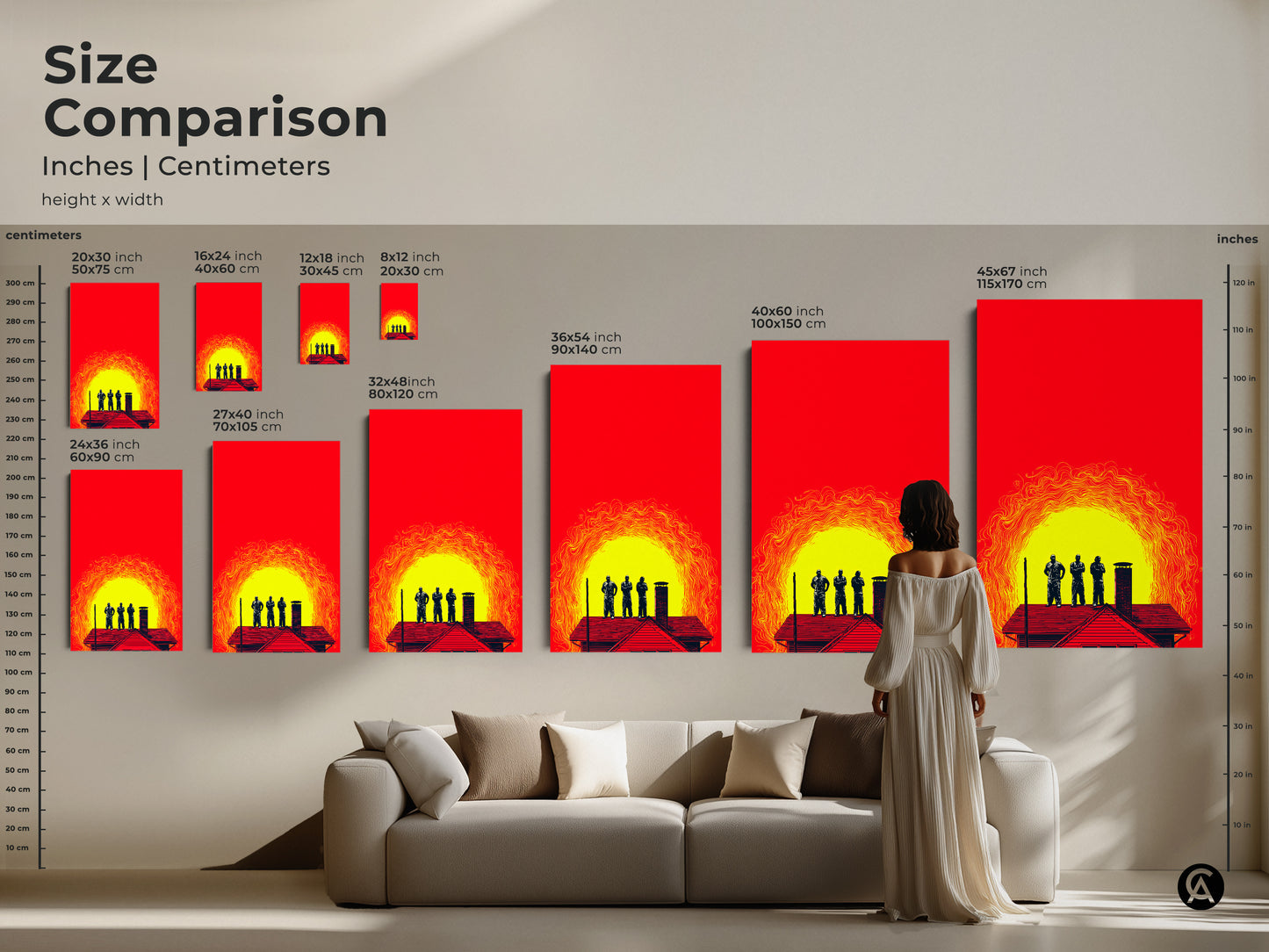 Size comparison of crimson yellow abstract men on roof art prints. Visualize how different sizes fit above a sofa. Choose from various dimensions in inches and centimeters. Find the ideal graphic artwork to complement your modern home decor.