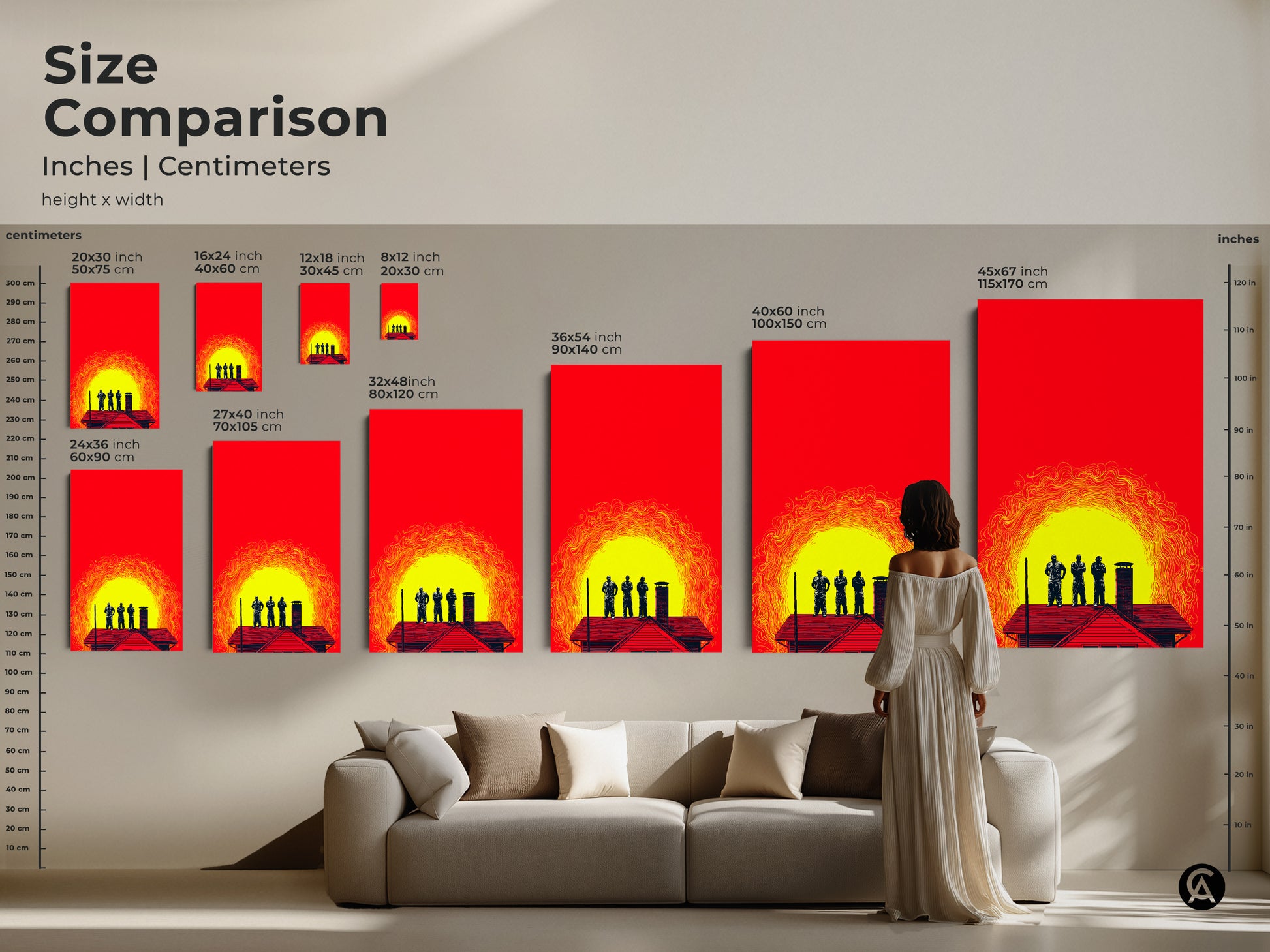 Size comparison of crimson yellow abstract men on roof art prints. Visualize how different sizes fit above a sofa. Choose from various dimensions in inches and centimeters. Find the ideal graphic artwork to complement your modern home decor.