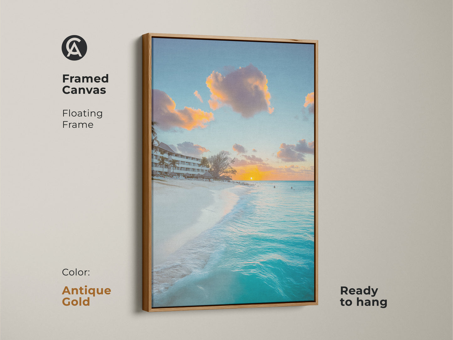 Framed canvas in antique gold featuring a turquoise ocean sunset. Floating frame adds a touch of luxury. Coastal beach wall art is ready to hang and enhances any room. Tropical getaway canvas offers residential wall art. Sunset beach photography.