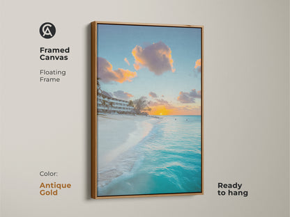 Framed canvas in antique gold featuring a turquoise ocean sunset. Floating frame adds a touch of luxury. Coastal beach wall art is ready to hang and enhances any room. Tropical getaway canvas offers residential wall art. Sunset beach photography.